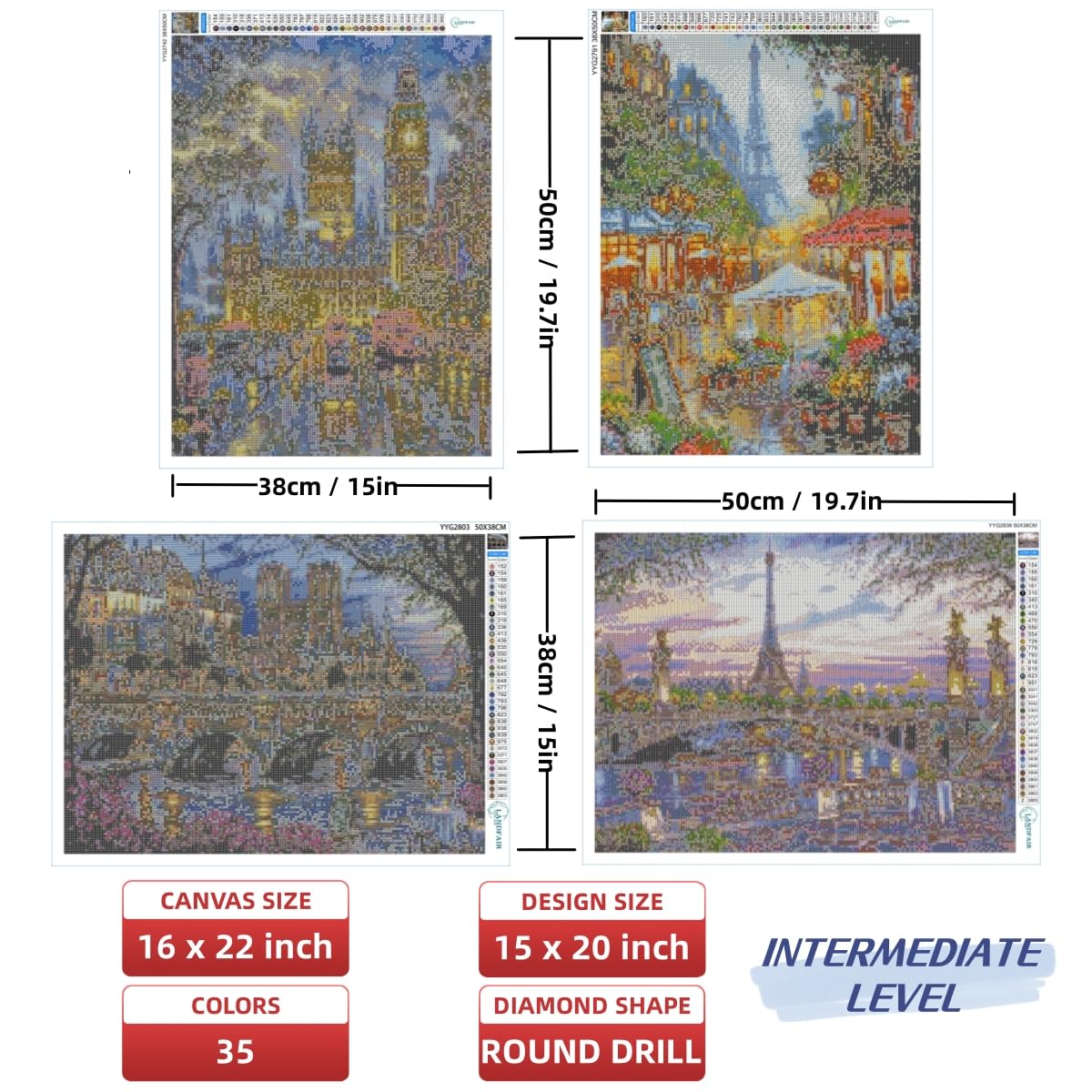 LANDFAIR Diamond Painting Kits - 15x20 inch Round Full Drill Cities&Skylines Series Diamond Art Kits for Adults, Pack of 4