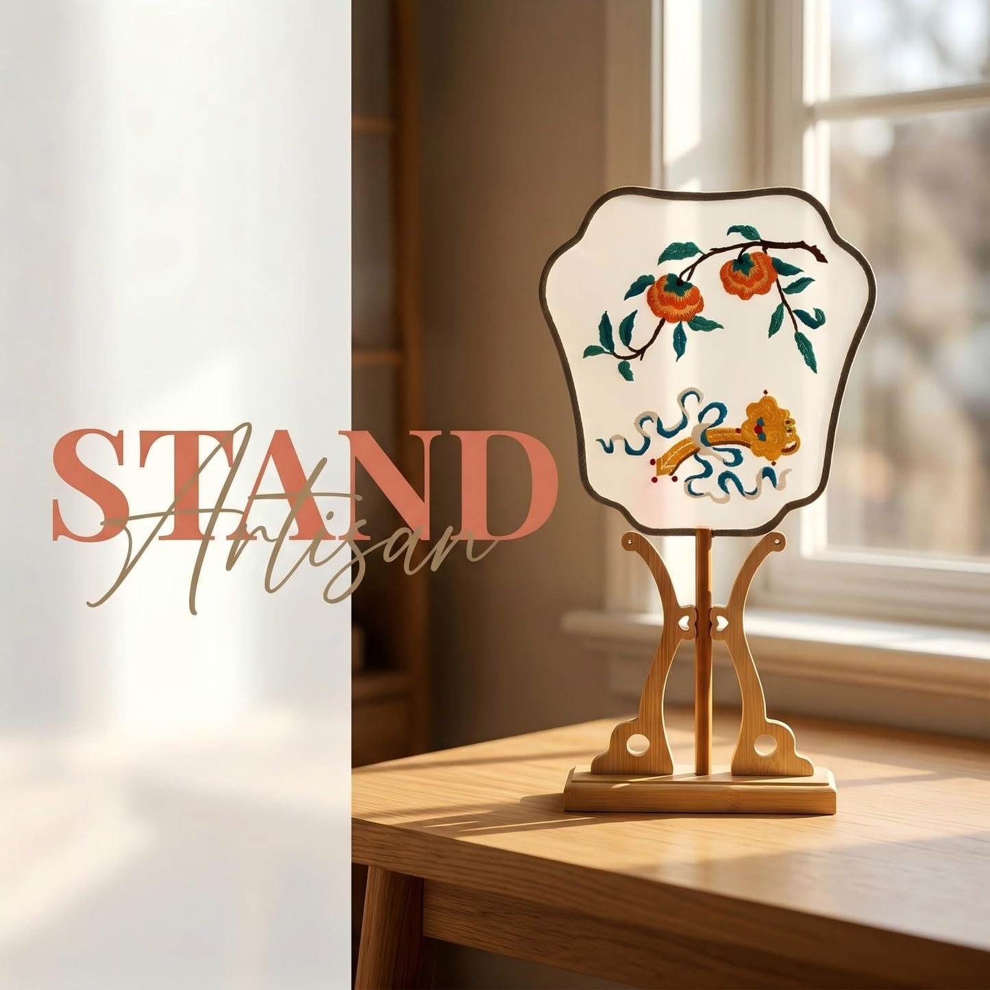 QIZUOLIFE Bamboo Fan Display Stand, Sturdy Holder for Chinese Tuan Shan, Embroidery Round Fan, Elegant Desktop Decor Stand