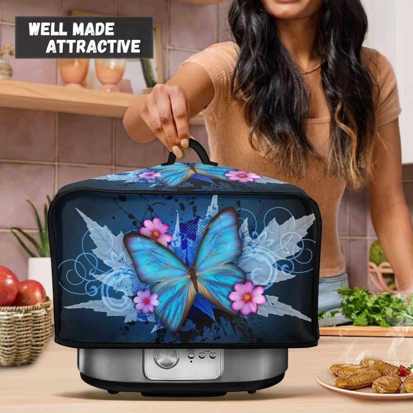 Dust Cover for Slow Cooker, Multi-Cooker Crock Pot Cover with Extra Accessories, Blue Butterfly Flower Design