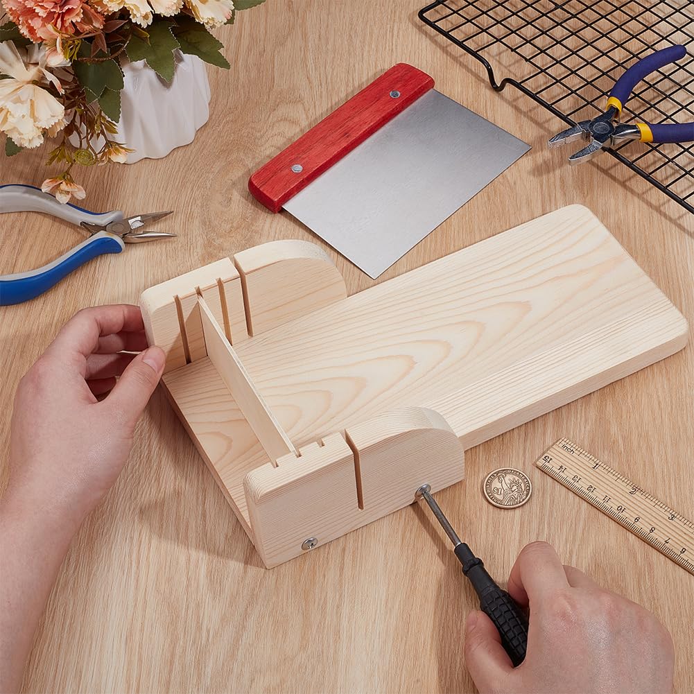 BENECREAT Soap Cutting Tool Sets, Adjustable Pine Wood Soap Molds with Stainless Steel Cutter for Handmade Soap Making Candles Trimming DIY Cutting Making