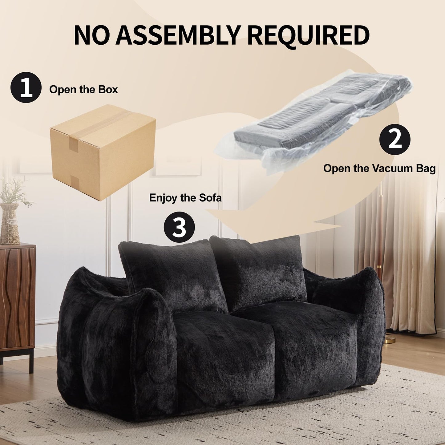 wisenook 75.2" Giant Bean Bag Chair for Adults, Ultra Soft Fluffy Loveseat Bean Bag Sofa, Oversized Floor Sofa for Living Room Bedroom, Cozy Reading Chair with 2 Pillows and Filler, Black