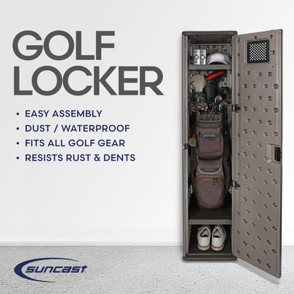Suncast Garage and Golf Storage Organizer – Golf Rack and Bag Storage, Hall Tree with Shoe Cubby, Heavy-Duty Resin Locker Cabinet with Adjustable Shelves, Lockable, for Golf Equipment, Made in the USA
