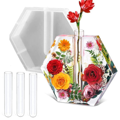 Large Hexagon Silicone Molds for Resin, Glossy Deep Epoxy Resin Molds 9" w/3 Test Tubes，3D Large Resin Molds for Flowers Preservation,Resin Art, DIY Wedding,Anniversary, Birthday Gifts, Home Decors