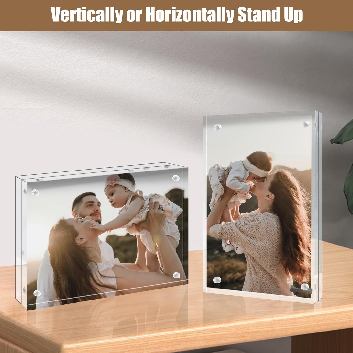 Egofine 5x7 Acrylic Frames 6 Pack, 20mm Thicker Frameless Clear Picture Frames, Double Sided Magnetic Picture Frames, Free Standing Desktop Display
