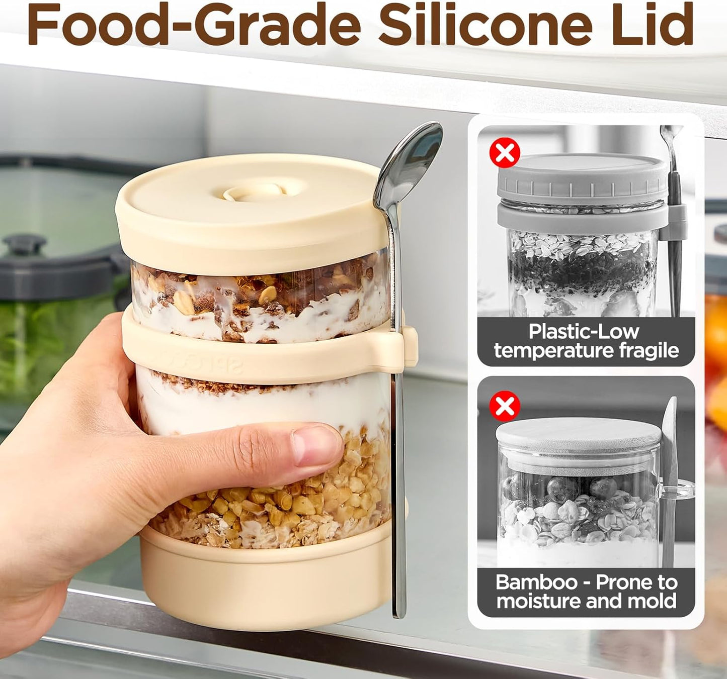 16 oz [2 Pack], Glass Overnight Oats Containers with Lids of Silicone and Spoon Airtight Overnight Oats Jars