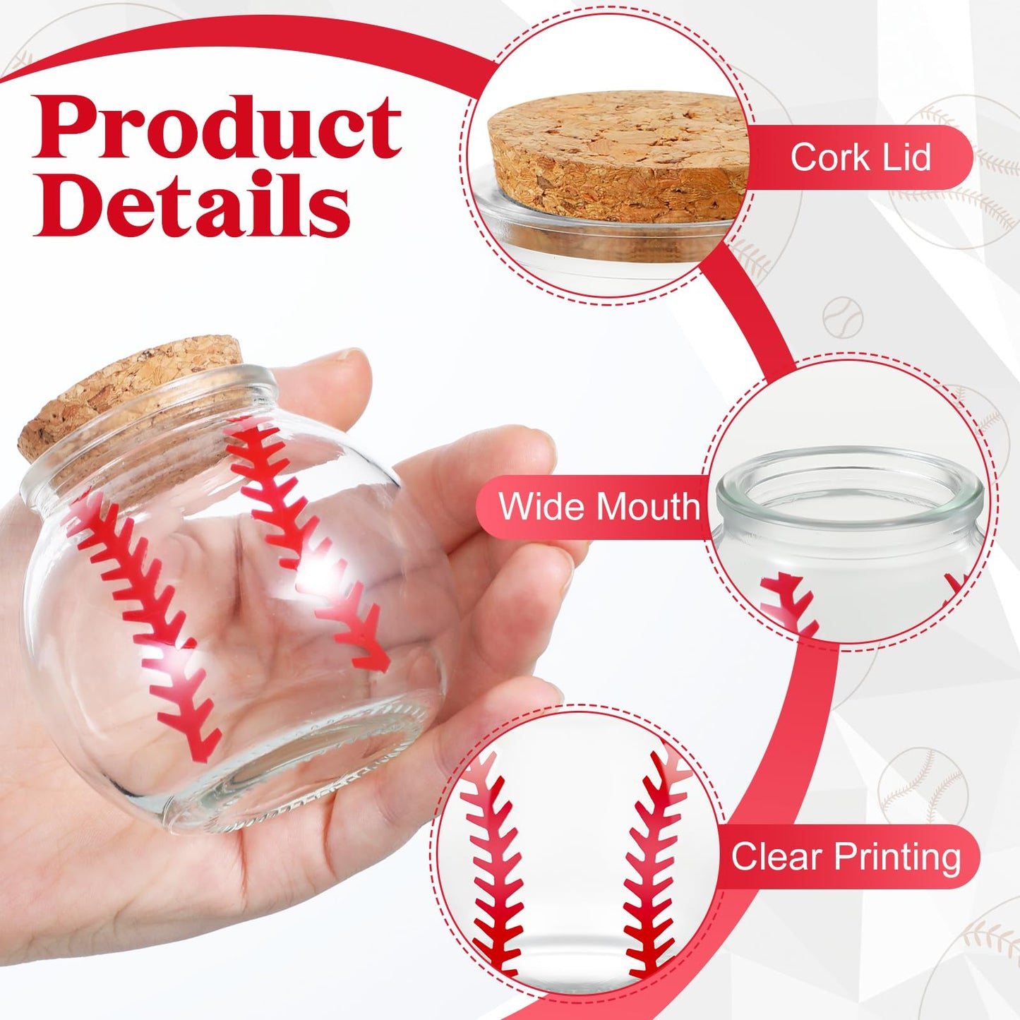 Funnymoom 12 Pcs Baseball Printed Round Jar 3.4 oz Mini Round Shaped Glass Jar with Cork Lid 2.56 x 2.56 Inch Decorative Glass Bottle for Baseball Team Coach Player Sport Party Favors Gift Decoration