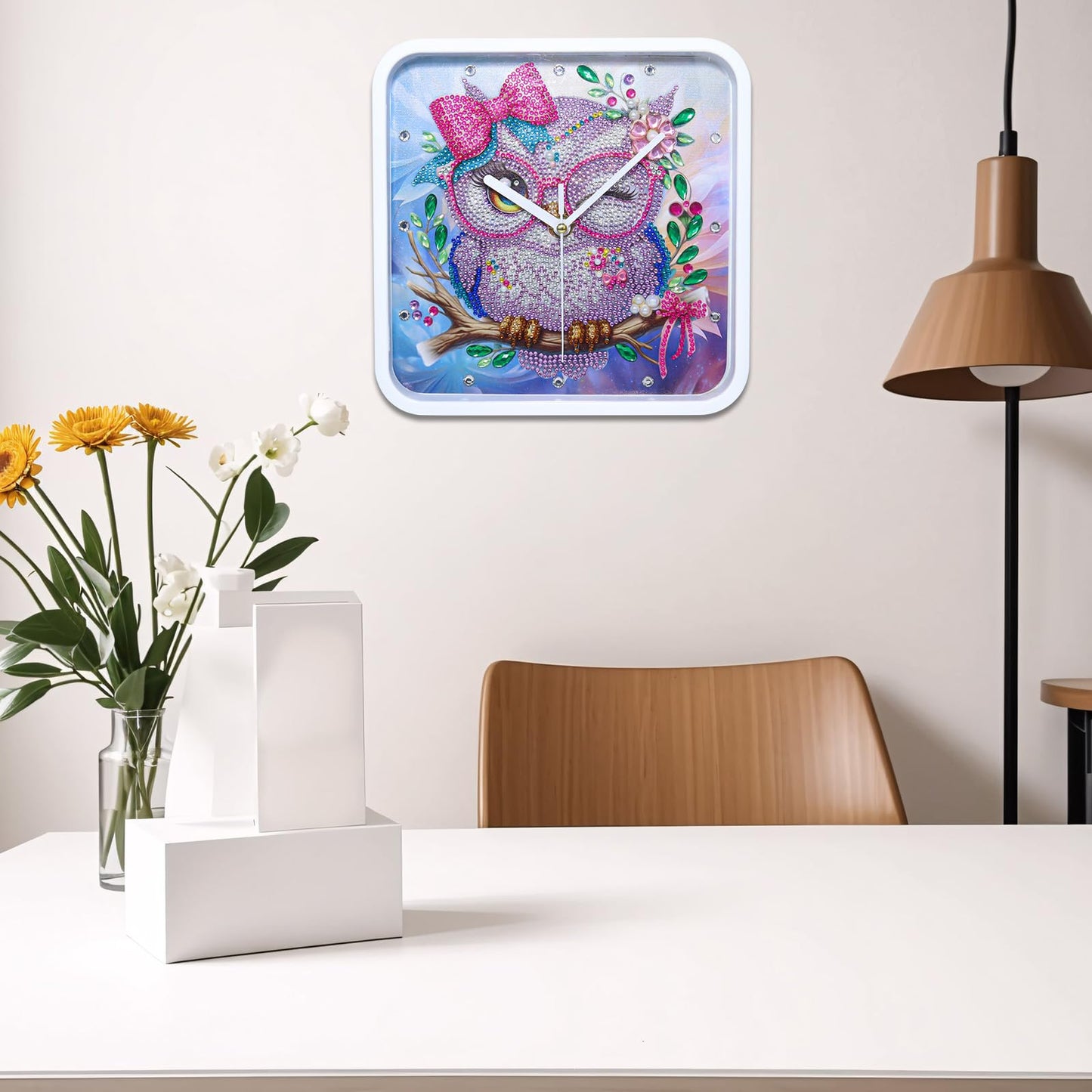 LEIYULY Diamond Art Kits for Adults, Hanging Cute Owl Diamond Painting Clock, Round Gem Crystal Art Painting for Beginners, Creative Home Decor Gift