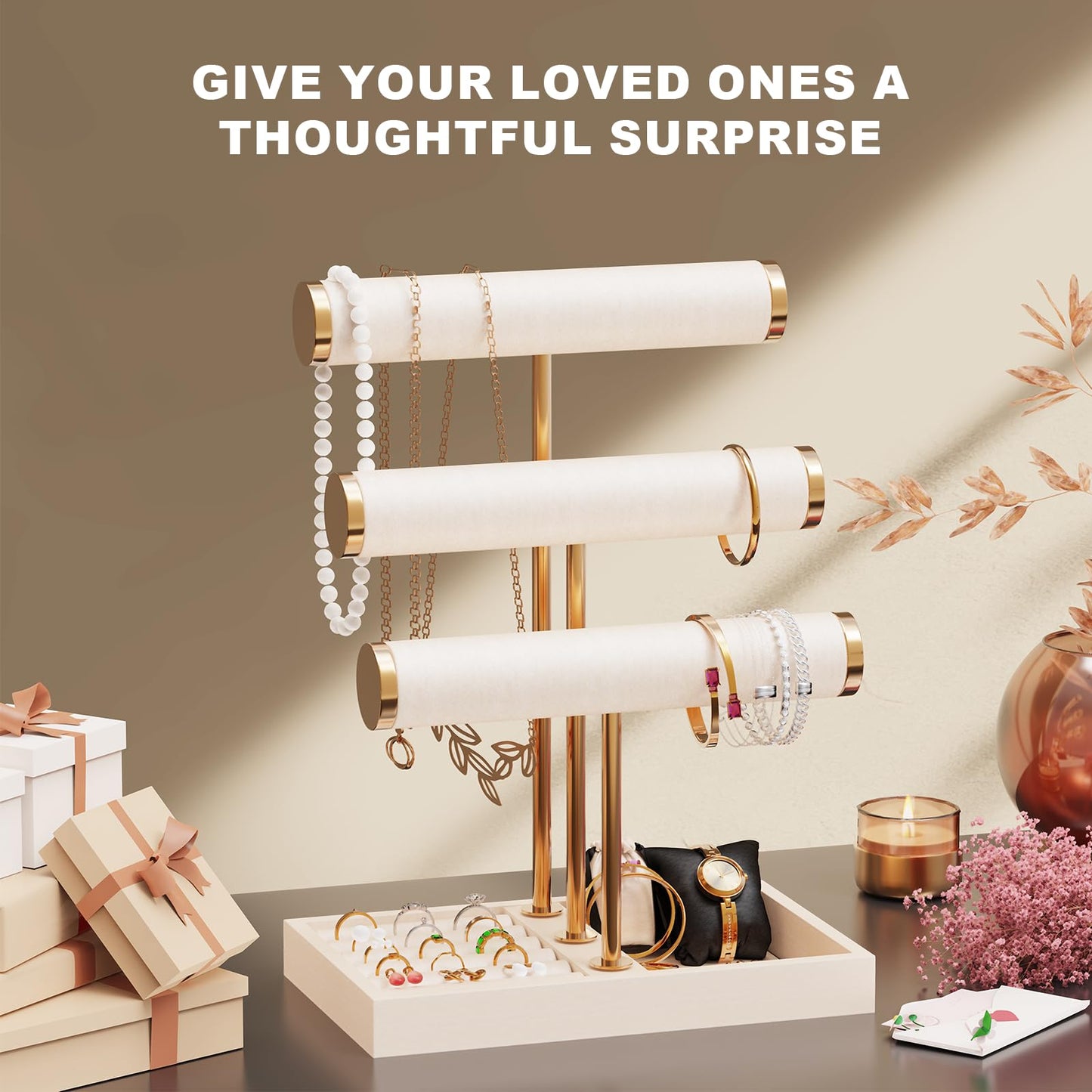 Abiglifty 3 Tier Necklace Holder Display, Jewelry Organizer, Jewelry Stand, Bracelet Display, Necklace Organizer, Bracelet holder, Jewelry Display for Necklace, Watches, Rings, Beige