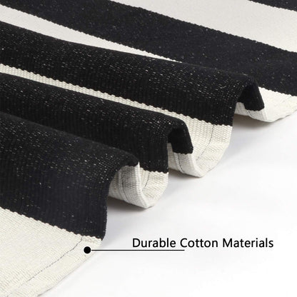LEEVAN Black and White Striped Door Mat, 2'x4', Washable Reversible Cotton Woven Rug for Indoor/Outdoor