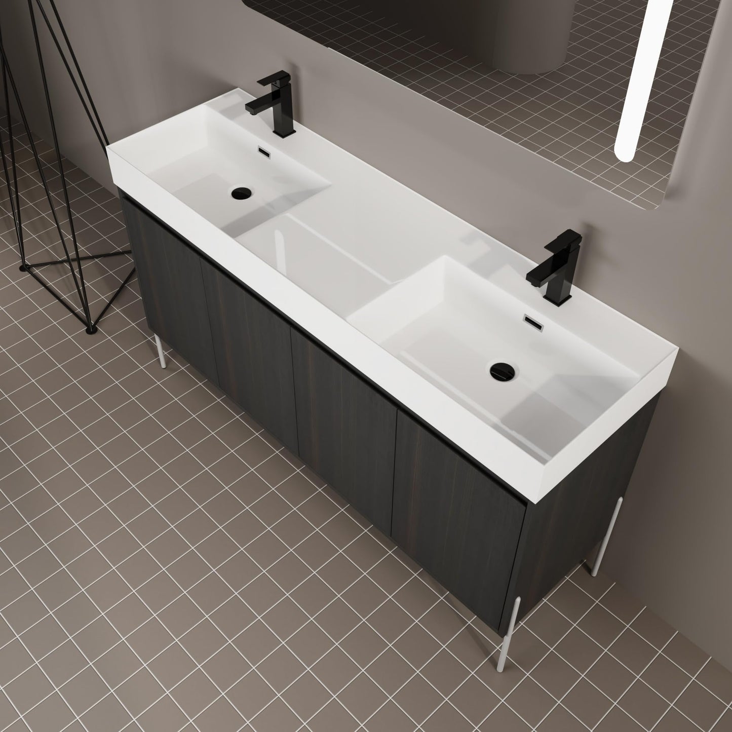 KEIKI 60" Freestanding Bathroom Vanity with Resin Double Sink, Modern Bathroom Storage Cabinet with Soft Closing Doors & Solid Metal Legs, 60 inches Double Sink Bathroom Vanity with 45° Bevel Handle