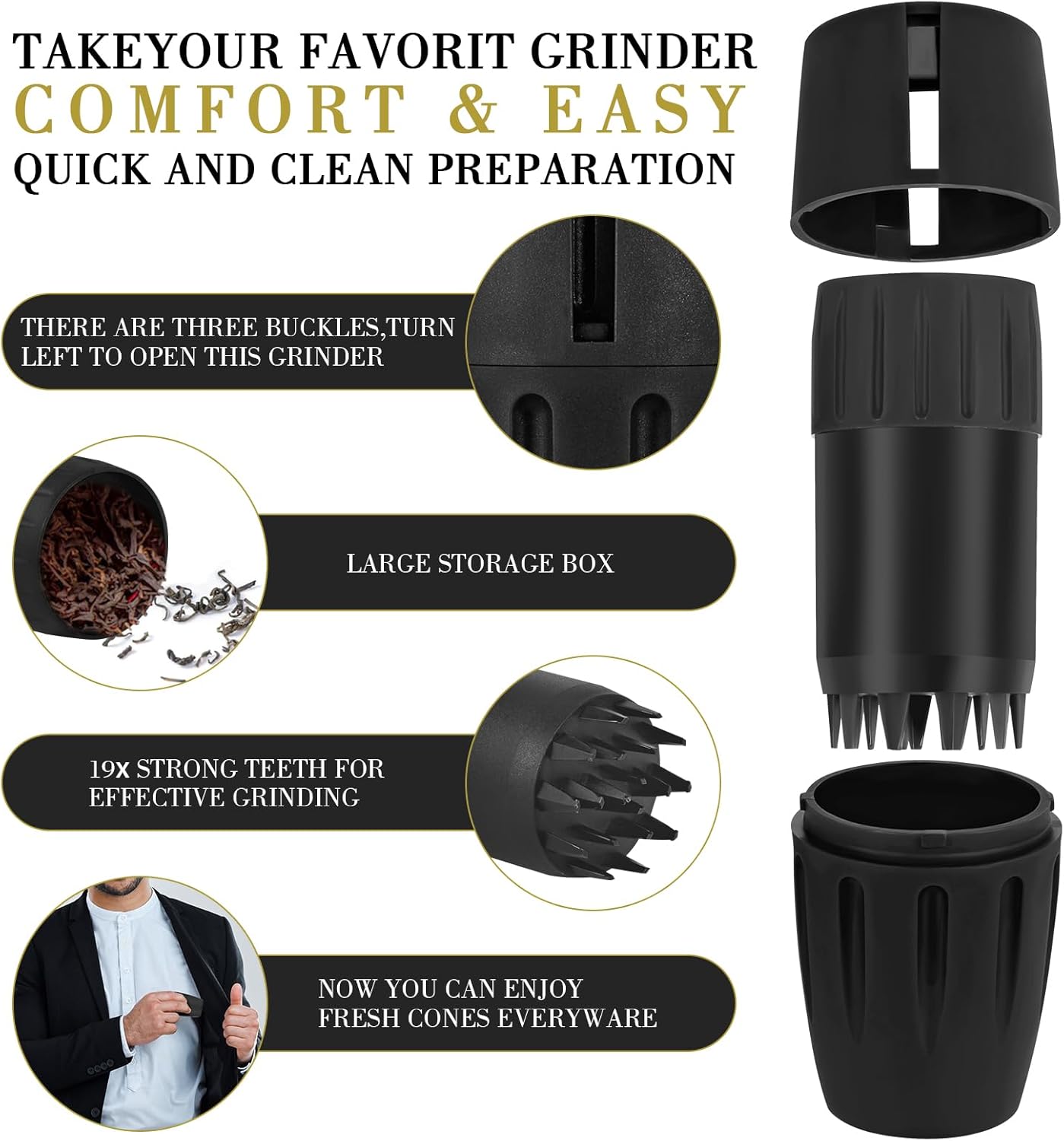 Herb Grinder Storage System, Cone Loader Grinder Roller, Lightweight with Travel Ready Tether Strap
