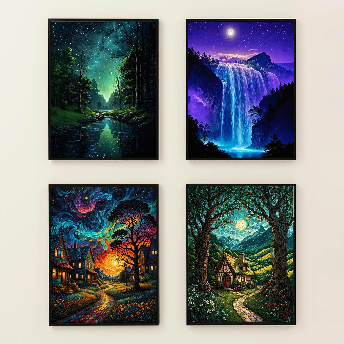 Lovepefe Starry Sky Paint by Numbers Kit for Adults, 4 Pack Country Night Paint by Number Kits for Beginner Moon Acrylic On Canvas DIY Oil Painting Kit for Gift Home Wall Decor 12x16 Inch