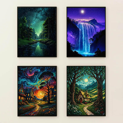 Lovepefe Starry Sky Paint by Numbers Kit for Adults, 4 Pack Country Night Paint by Number Kits for Beginner Moon Acrylic On Canvas DIY Oil Painting Kit for Gift Home Wall Decor 12x16 Inch
