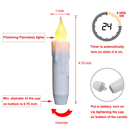 CVHOMEDECO. Flickering Taper Candles LED Drip Flameless Candles, Battery Operated with Timer, White, 4-3/4 Inch, Set of 2