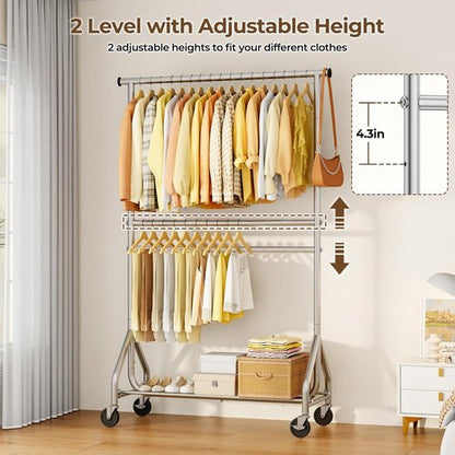 HYSEYY Heavy Duty Clothes Rack - Adjustable Double Rod Garment Rack for Bedroom & Laundry | Silver