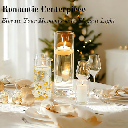 PNJHDZ Set of 12 Glass Cylinder Vases for Centerpieces with 8 Pack Vase filler 12 Pearl String 24 White Floating Candles for Centerpieces, Table Center pieces for Wedding Party Home Decor 5, 6, 8 Inch