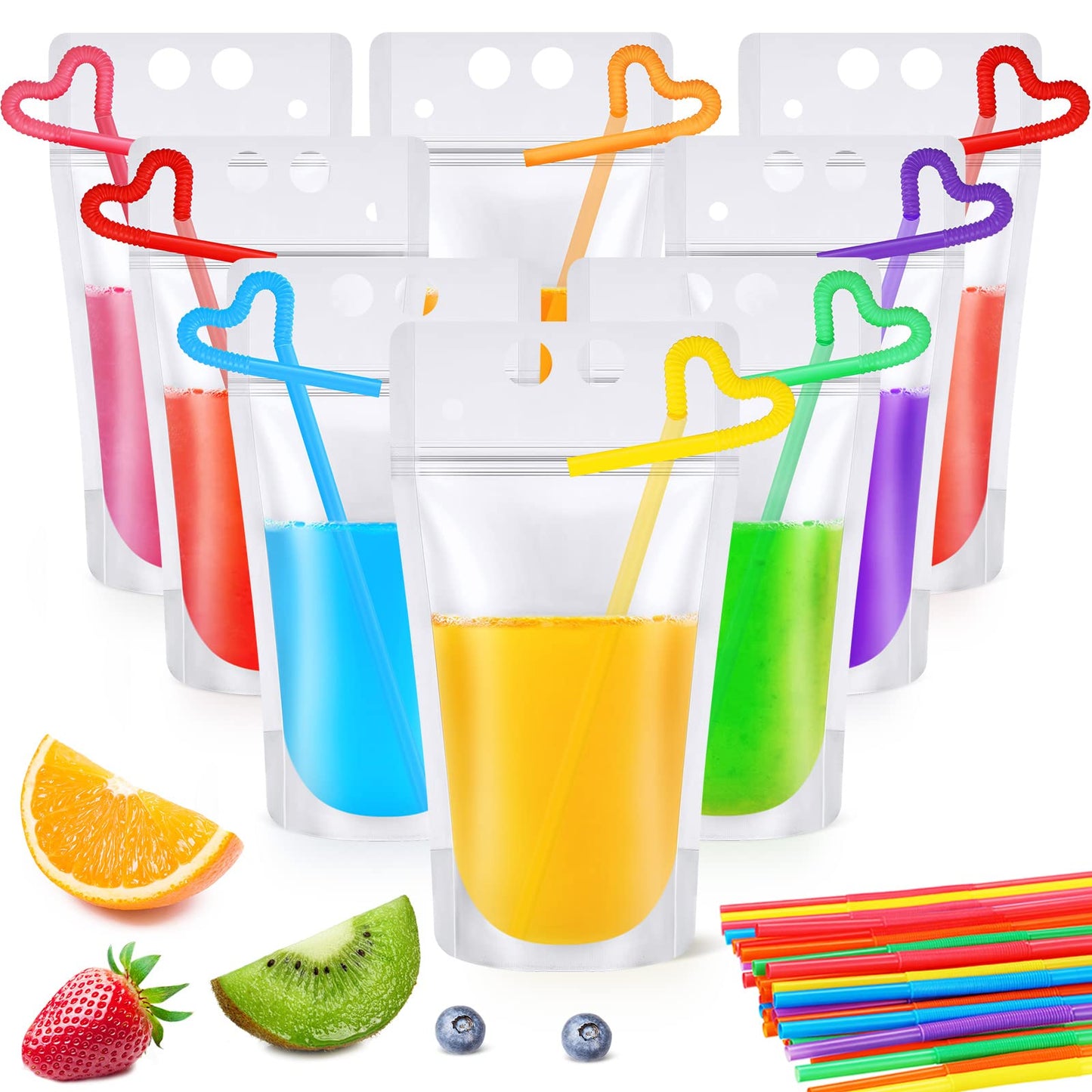 Nuenen 600 Pack Drink Pouches with 600 Straws Freezable Juice Pouches Straw Holes 17 oz Reclosable Drinking Bags for Adults for Smoothie Cold Hot Drinks Party (Classic)