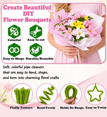 Pipe Cleaner Flower Kit Pink, 600PCS Pipe Cleaners Bulk for Flowers, Pipe Cleaners Craft Set, Chenille Stems Flower Making Kit with Floral Wires, Tape, Glue Sticks, Stamen, Wrapping Paper, Ribbon Card