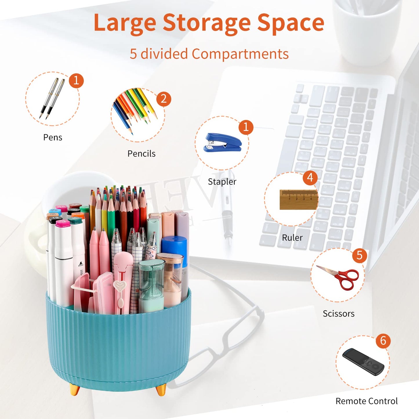 EDENMS Desk Pencil Pen Holder, 5 Slots 360°Degree Rotating Organizers for, Desktop Storage Stationery Supplies Organizer, Cute Cup Pot Office, School, Home, Art Supply, Blue