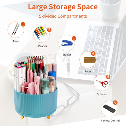 EDENMS Desk Pencil Pen Holder, 5 Slots 360°Degree Rotating Organizers for, Desktop Storage Stationery Supplies Organizer, Cute Cup Pot Office, School, Home, Art Supply, Blue