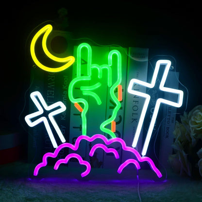 Halloween Devil Neon Sign Rock Gesture Cross With Moon and Cloud Neon LED Lights Zombie Spooky All Saints' Day Wall Neon Lamp for Halloween Party Bedroom Home Bar Pub Amusement Park Decor