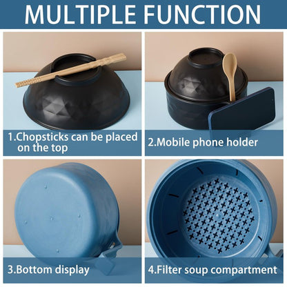 Romooa 2 Sets Microwave Ramen Bowl 40 oz Wheat Fiber Portable Instant Noodle Cooker Bowl with Handles Strainer Spoon Chopstick Fork College Dorm Room Apartment Essentials(Black,Dark Blue)