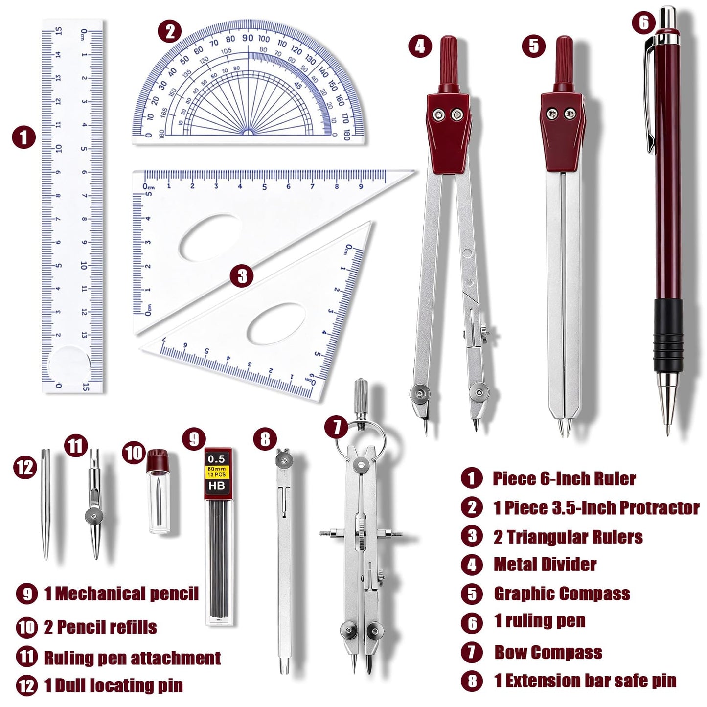Compass Geometry Tool, 13PCS Compass and Protractors Set Math Geometry Drawing Tool Precision Set Graphic Compasses Triangle Rulers Pencils Protractor with Storage Case (Brown)