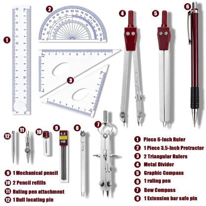 Compass Geometry Tool, 13PCS Compass and Protractors Set Math Geometry Drawing Tool Precision Set Graphic Compasses Triangle Rulers Pencils Protractor with Storage Case (Brown)