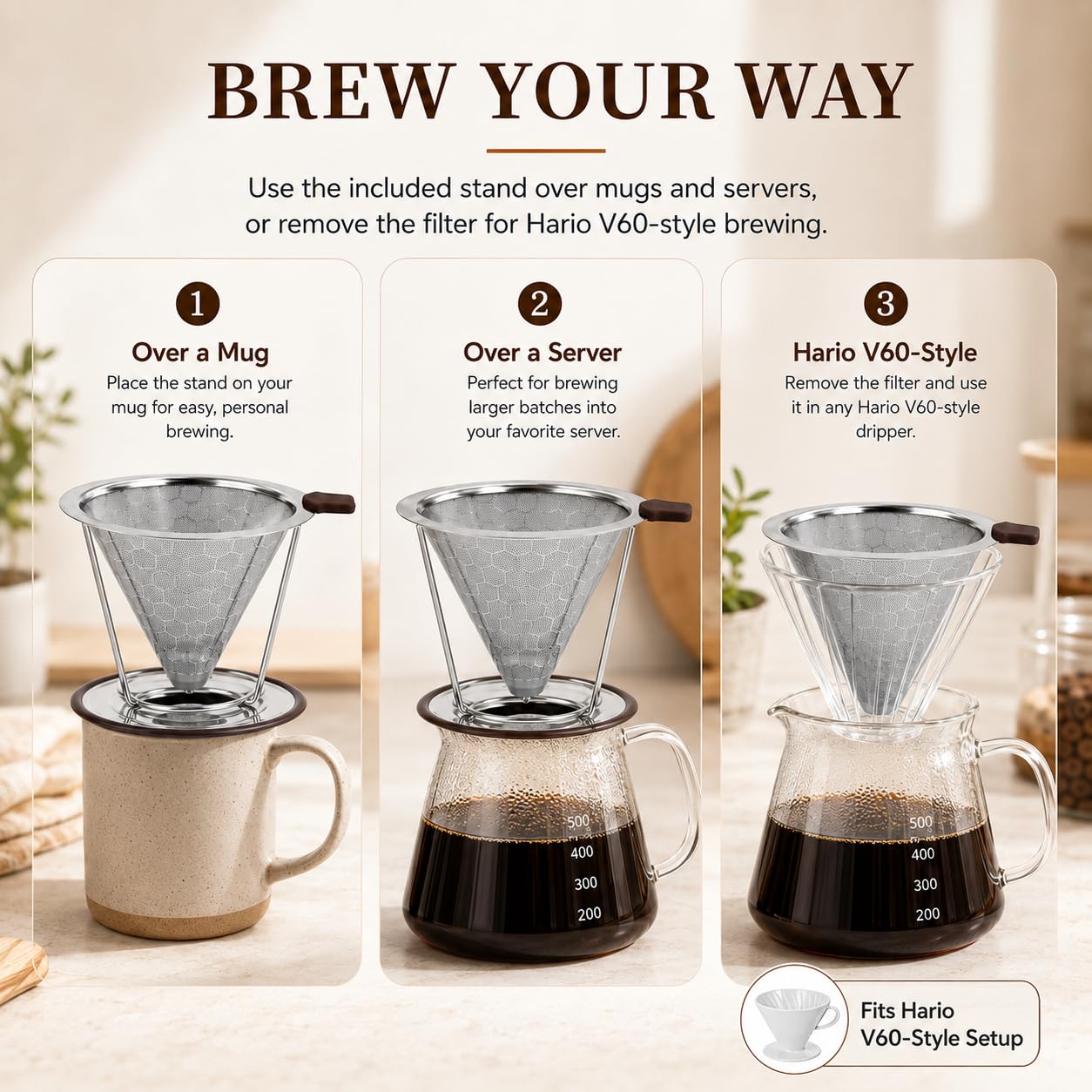Pour Over Coffee Dripper, Pour-over Filters with 800 Mesh Steel Mesh Optimize Extraction For Rich Coffee Flavor, Stainless Steel Filter, Paperless Pour-over