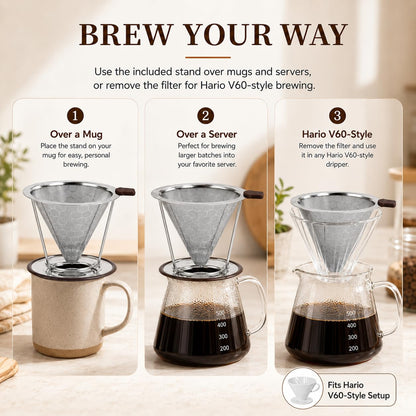 Pour Over Coffee Dripper, Pour-over Filters with 800 Mesh Steel Mesh Optimize Extraction For Rich Coffee Flavor, Stainless Steel Filter, Paperless Pour-over