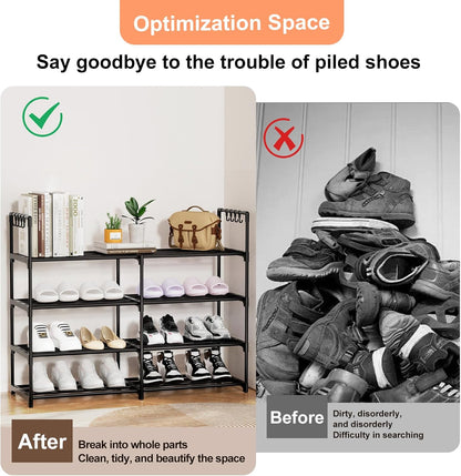 DYJIEKAI 2 4 16-20 Closet, Rows Tier Shoe Rack, Black Metal Stackable Shoe Shelf with Multifunctional Hooks, Hold