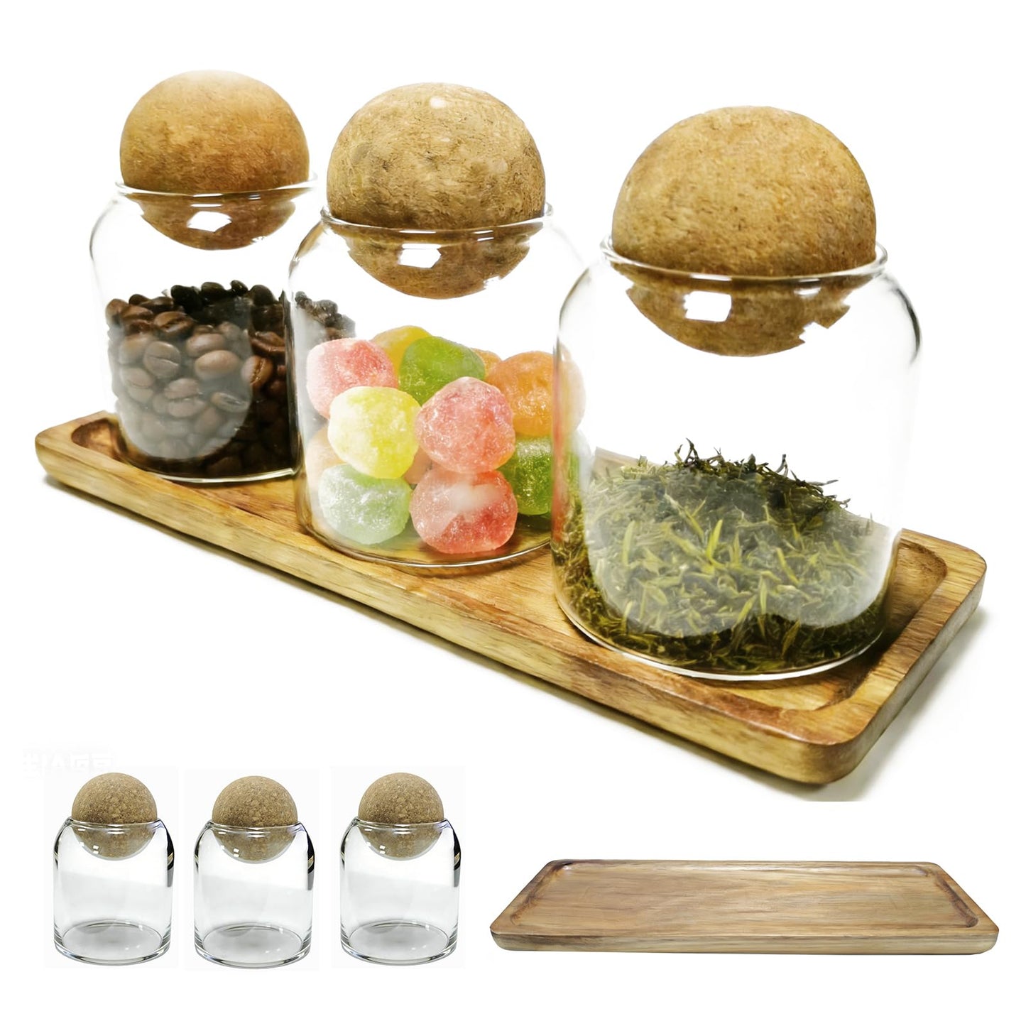 DZHPSRSZ 3 Pack Small Glass Jars with Cork Lids, Small Glass Containers with Lids & Acacia Tray, 17oz Coffee Bar Containers for Sugar Candy Tea, Bathroom Qtip Cotton Ball Holder Apothecary Jars