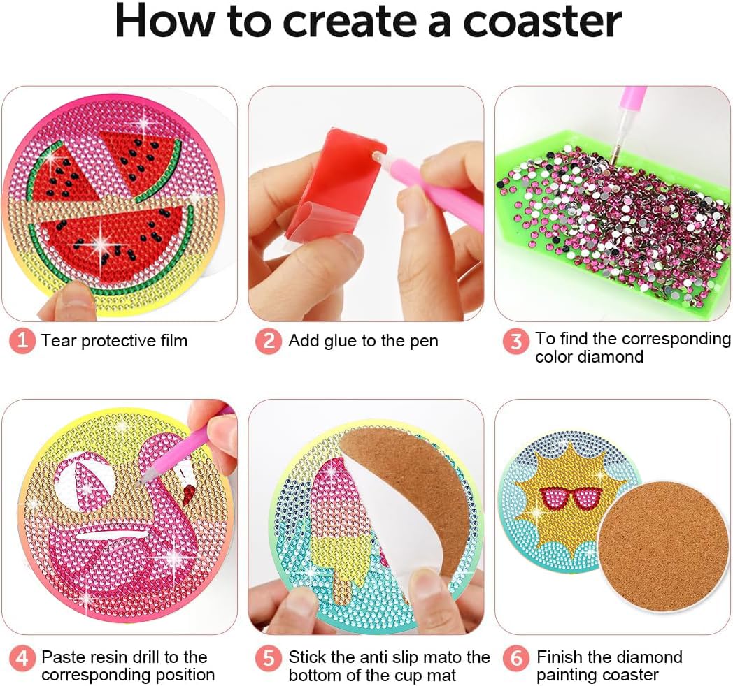Leatrice 8PCS Beach Diamond Art Coasters Small Diamond Painting Kits for Adults Diamond Dots Round Full Drill Diamond Coasters with Holder Easy Art Crafts for Beginners Women