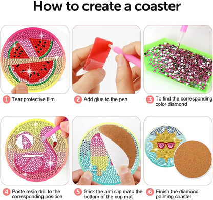 Leatrice 8PCS Beach Diamond Art Coasters Small Diamond Painting Kits for Adults Diamond Dots Round Full Drill Diamond Coasters with Holder Easy Art Crafts for Beginners Women