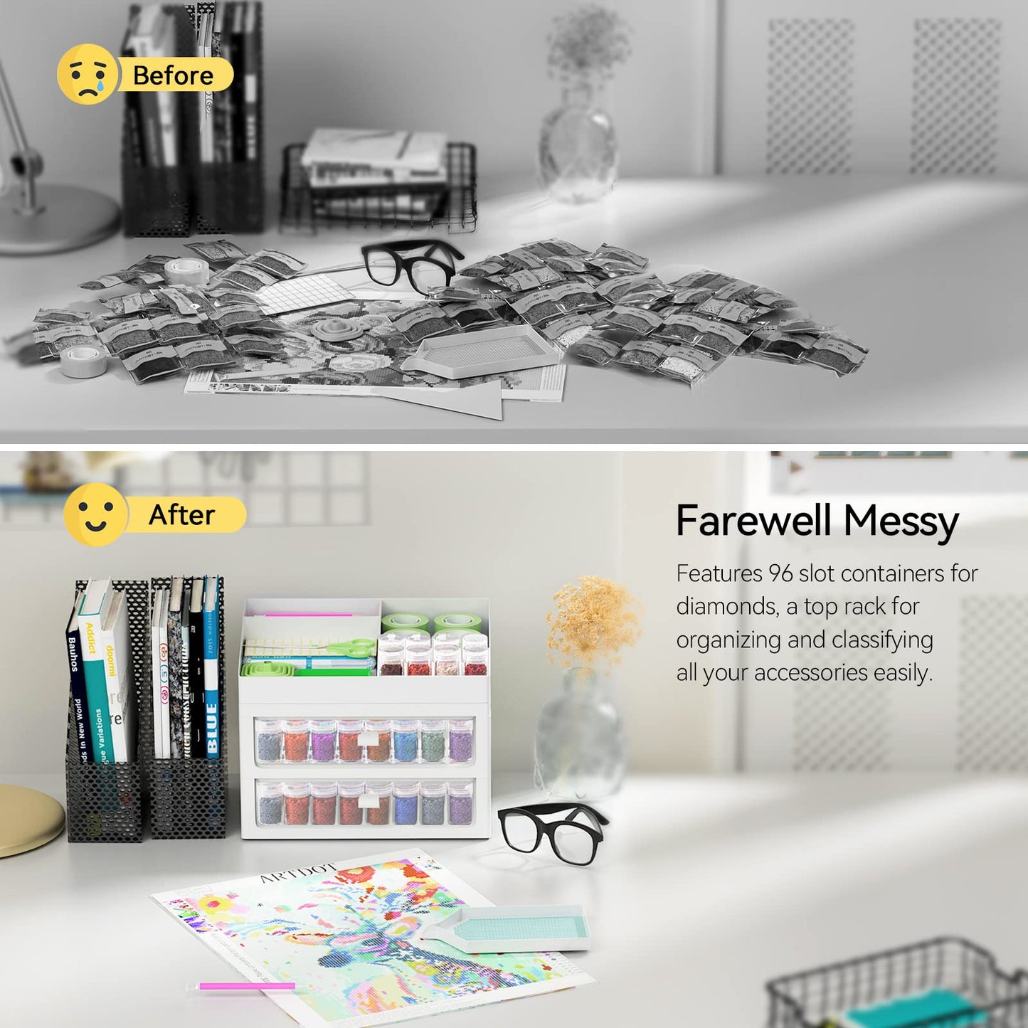 ARTDOT Storage Containers for Diamond Painting Accessories, 2 Drawers with 96 Slots Bead Storage Bottles and Diamond Art Accessories and Tools Rack