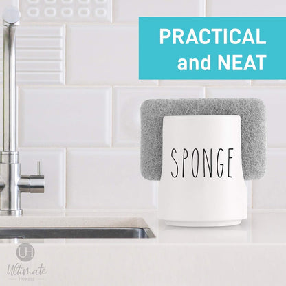 White Ceramic Sponge Holder for Kitchen Sink – Cute Farmhouse Sink Caddy Organizer – Sponge Rest for Countertop