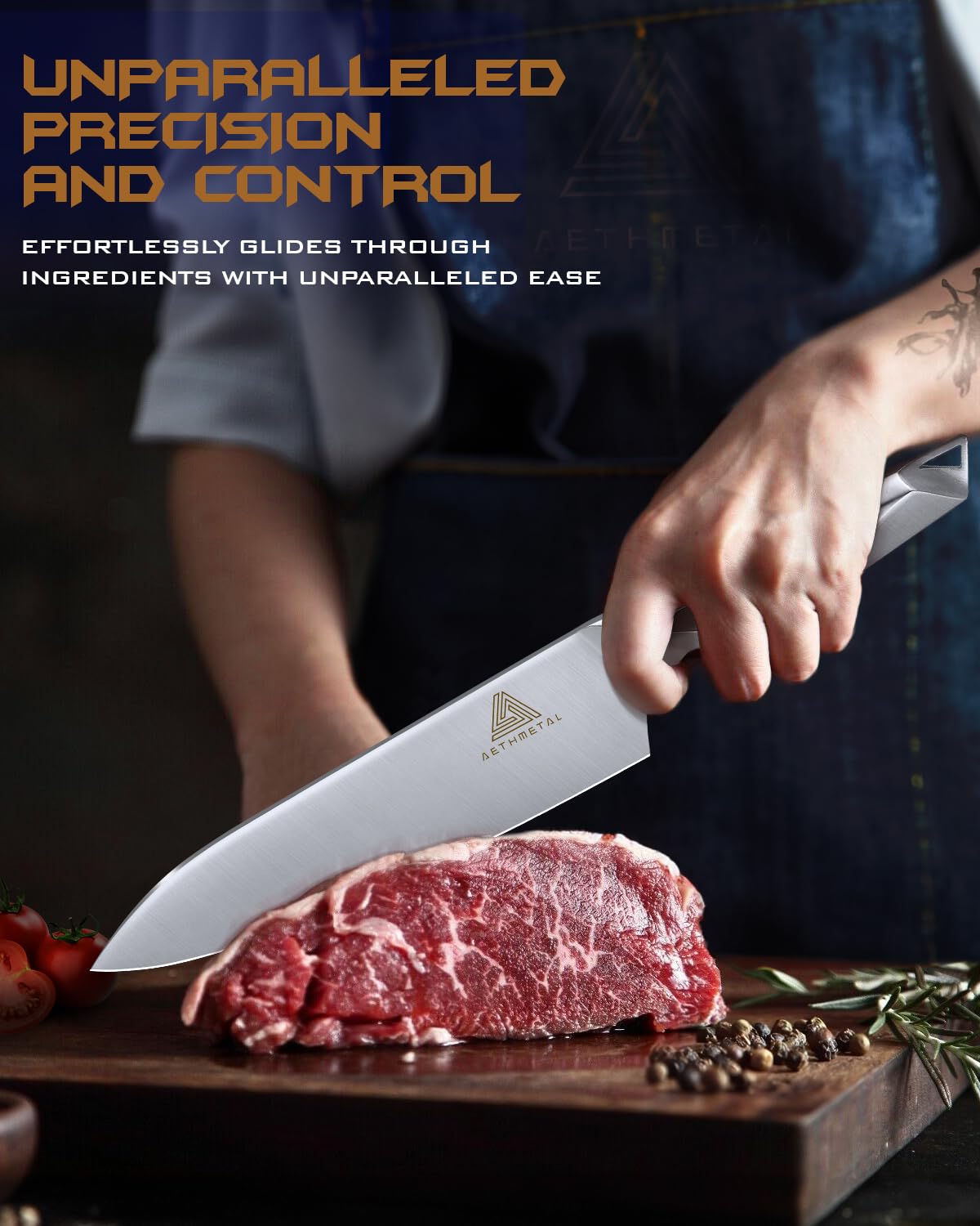 AETHMETAL 8 Inch Chef Knife, Full-Metal Kitchen Knife with Ergonomic Handle, High-Carbon Stainless Steel Chef’s Knife for Home & Pro Cooking, Precision Cutting, Gift-Ready Packaging