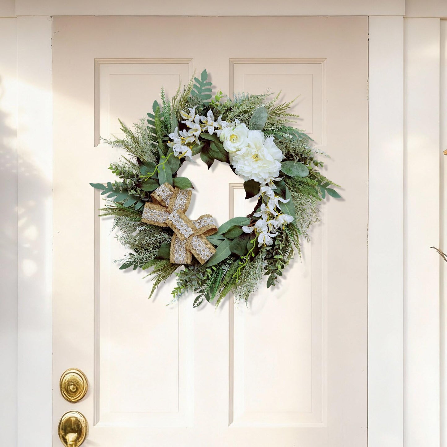 Petalivebioom 22 Inch Lace Bow Eucalyptus Front Door Wreath, Artificial Elegant Greenery Wreath, Weather Resistant Farmhouse Outdoor Indoor Porch Wall Wedding Home Decor