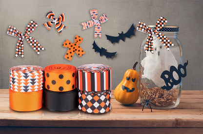 Whaline 6 Roll Halloween Grosgrain Ribbon Geometric Dot Gift Wrapping Ribbon 30 Yard Orange Black White Holiday Craft Ribbon for Halloween Party Decoration Sewing Bow Craft Gift Wrapping