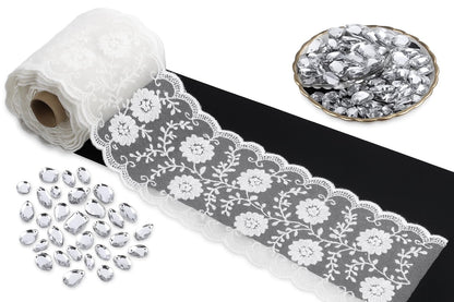 5 Yards White Floral Lace Trim with 25g Rhinestones, Bridal Applique Sewing Kit for Wedding Dress, Veil, Gift Box & DIY Crafts (Ivory)