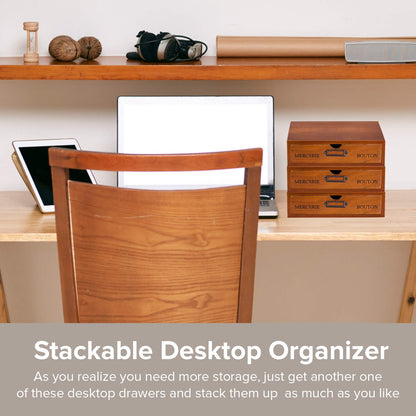 Wooden Single Drawer Unit - Solid Wood Monitor Stand for Desktop Organization and Storage - Stackable Desk Organizer - Rustic Nightstand With Label Holder - Countertop Organizer