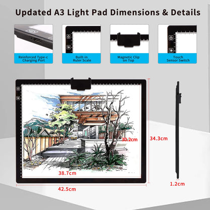 A3 Tracing Light Box, iVAOOZE A3 LED Light Pad with 3 Colors Mode Stepless Dimmable and 6 Levels of Brightness Light Copy Pad, Wireless Rechargeable Led Light Board for Diamond Painting Sketching