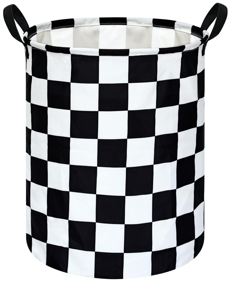 19.7 Inch Round Laundry Hamper Black Check Laundry Basket Fabric Storage Hamper Organization Basket, Storage Bin, Toy Box,Gift Basket with Handles for Room