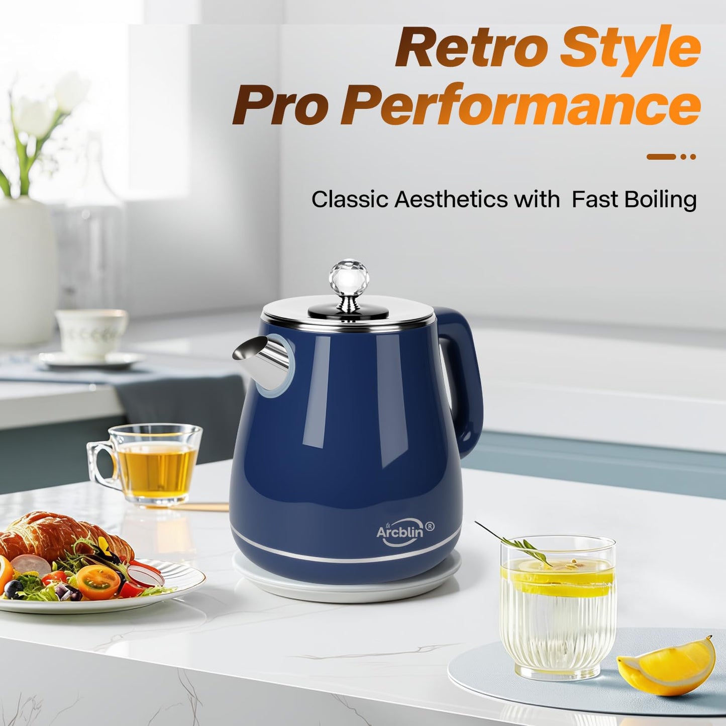 Retro Electric Kettle 1.8L, All Stainless Steel Hot Water Electric Kettle for Boiling Water, BPA Free Tea Kettle, 1350W Fast Boil, Auto Shut Off & Boil-Dry Protection