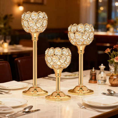 HearthLume Candle Holder Candlestick Holders- 1Set Gold Crystal Pillar Candle Holders,Metal Candlestick Stands for Wedding Centerpieces,Table Decor for Church,Valentine's Day Housewarming Gift,3Pcs