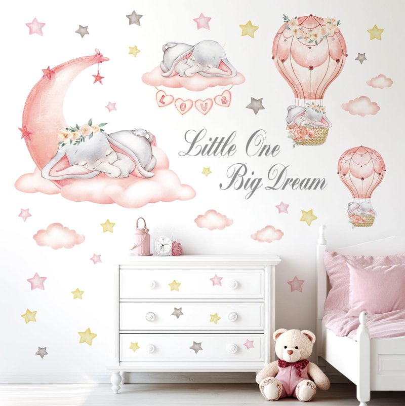 DECOWALL Dream Big Little One Wall Decals – Elephant Moon and Stars Nursery Wall Stickers, Peel and Stick Removable Baby Girl Room Decor for Kids Bedroom (SG-2203)