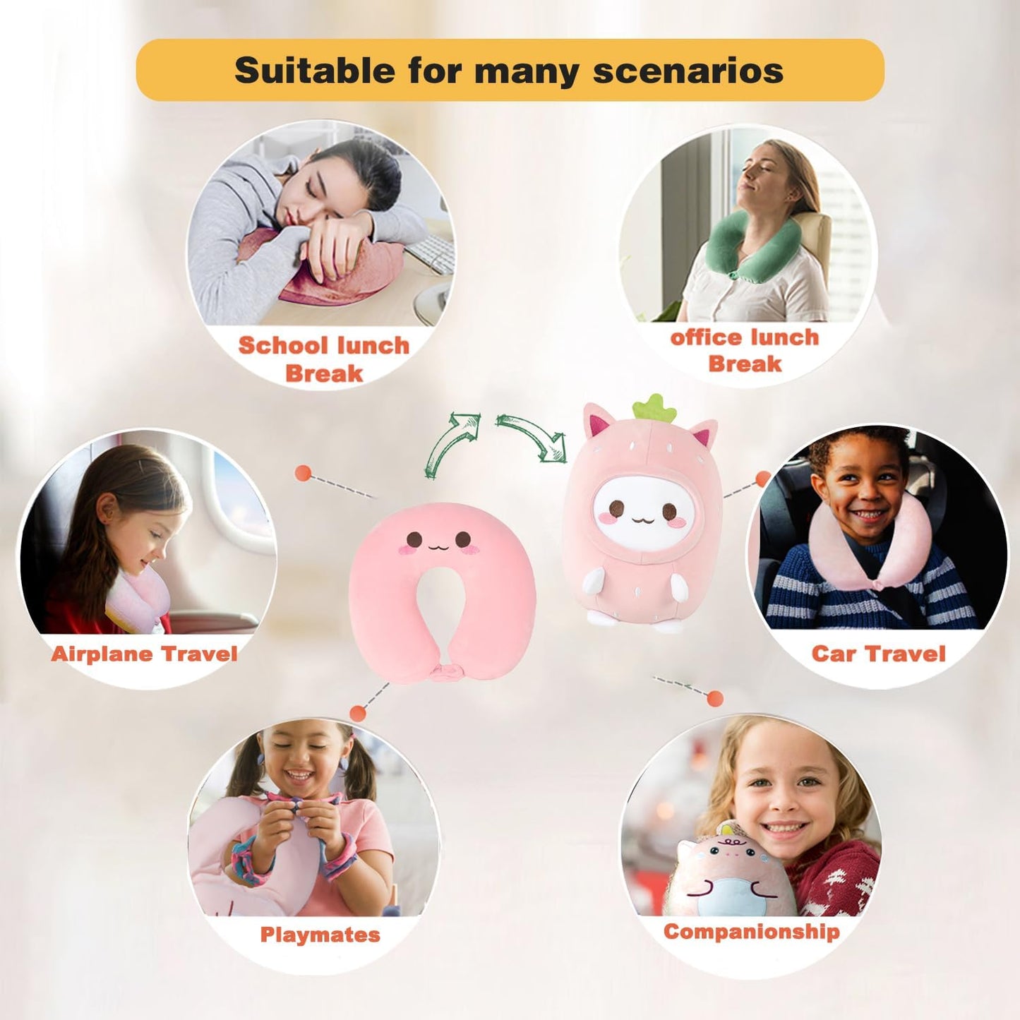 2-in-1 Kids Travel Pillow - Deformable Kids Neck Pillow for Traveling, Soft U-Shaped Pillow with Adorable Animal