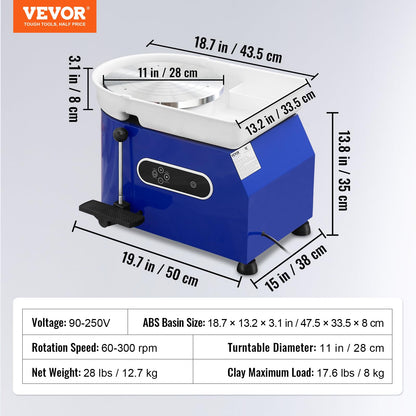 VEVOR 11in Pottery Wheel for Adults Beginners, 450W Ceramic Wheel Forming Machine With LCD Touch Screen, Adjustable 60-300RPM Speed Handle and Foot Pedal Control, 32PCS Accessory Tools Kit, Craft Gift