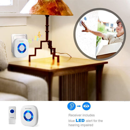 Wireless Doorbell, PHYSEN Waterproof Door bell Chime Kit Operating at 1300-ft Range 58 Adjustable Melodies 5 Volume Levels & LED Flash, Doorbell Alarm for Home/Classroom, 2 Push Buttons+4 Receivers