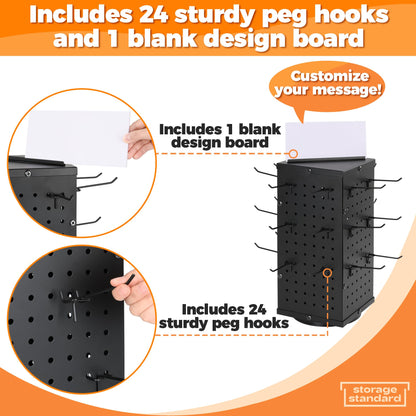 Rotating Pegboard Display Stand With 24 Hooks - Metal Spinning Peg Board Displays, Stands for Retail, Vendors, Selling & Shows - 4-Sided Craft Rack Organizer for Products, Accessories, Jewelry